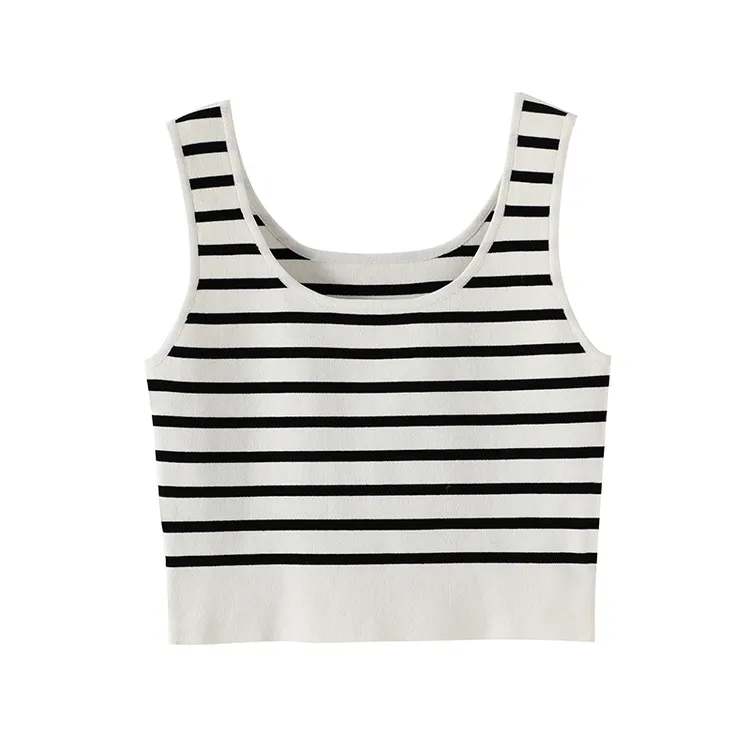14针32S曲珠冰丝黑白条纹短款露脐小背心冰凉高奢针织吊打打底衫