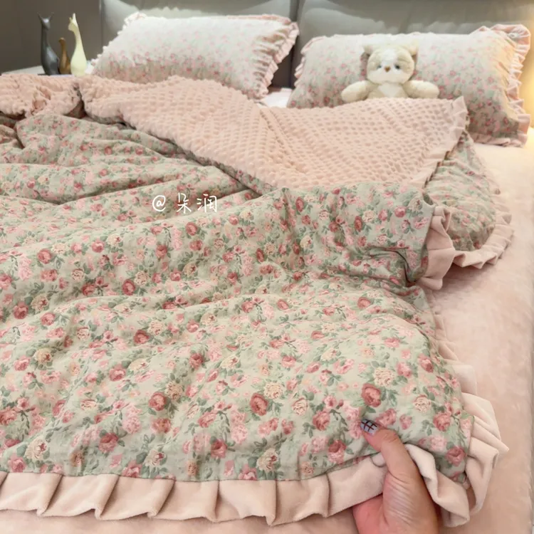 重工花边工艺款棉加绒四件套 一面A类母婴双层纱单面绒 保暖套件