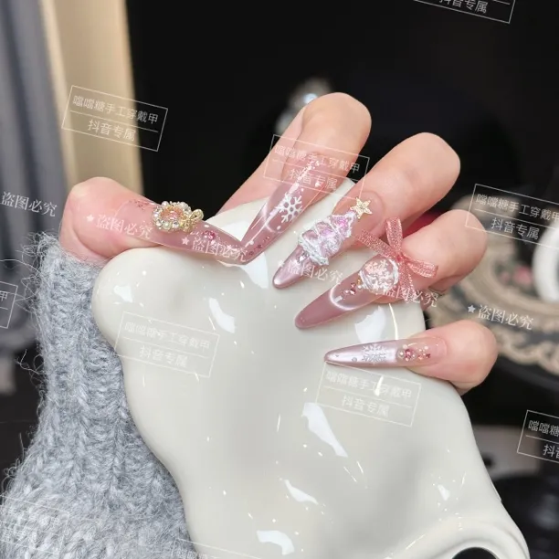 【圣诞水晶球】纯手工美甲圣诞立体蝴蝶结穿戴甲气质猫眼甲片贴H15