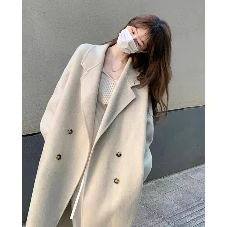 显瘦四粒扣双面手缝毛呢大衣女宽松秋冬新款高贵气质小个子外套