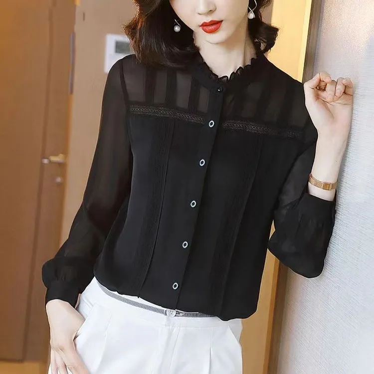 衬衫女蕾丝雪纺长袖2025上衣打底设计感小个子洋气时尚网纱衬衣