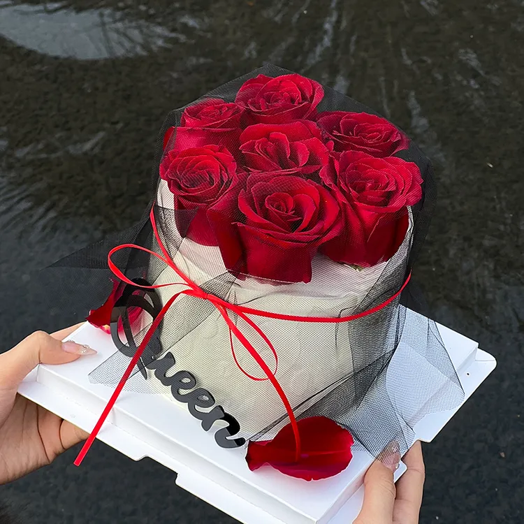 3.8女王节蛋糕装饰玫瑰花束黑色网纱亚克力Queen女神节装扮插件