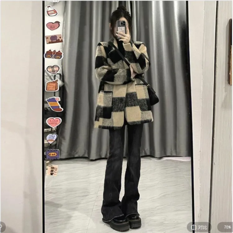 格子西装毛呢长袖外套女2025年秋冬新款赫本风小个子加厚呢子大衣
