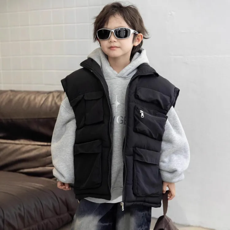 儿童夹棉加厚马甲2024秋冬季新款男童多口袋工装坎肩棉服无袖外套