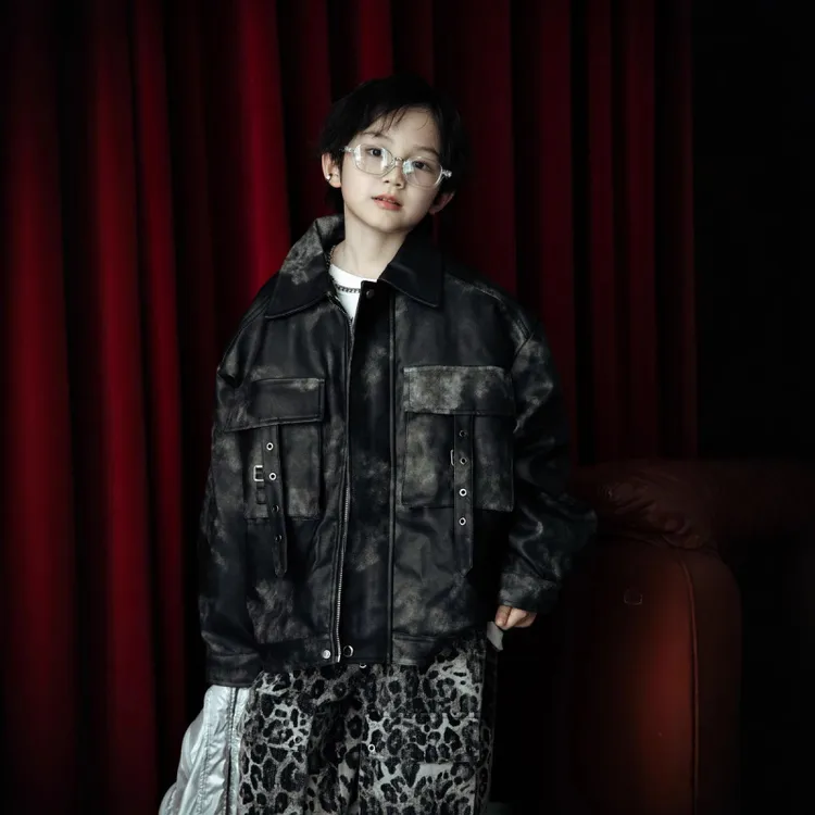 男童潮牌复古皮衣2024冬季韩版儿童扎染做旧加绒加厚机车夹克外套