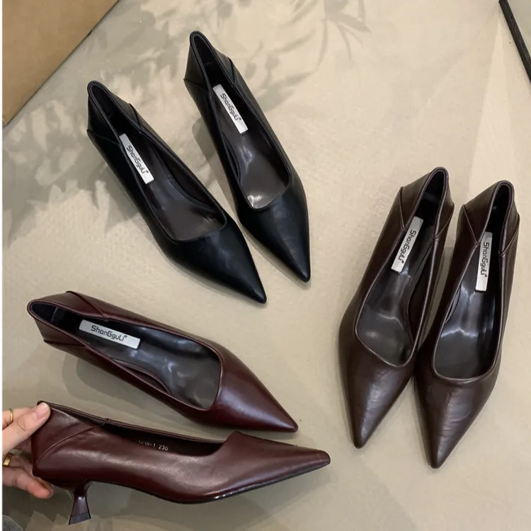 1639-1法式小猫跟尖头红色单鞋女鞋子2024春秋季气质黑色通勤细跟