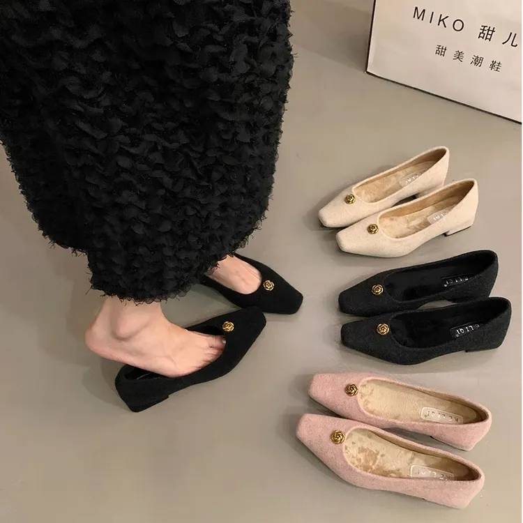 XLY-5252-15小香风低跟方头单鞋女2025秋冬季温柔加绒通勤毛毛鞋