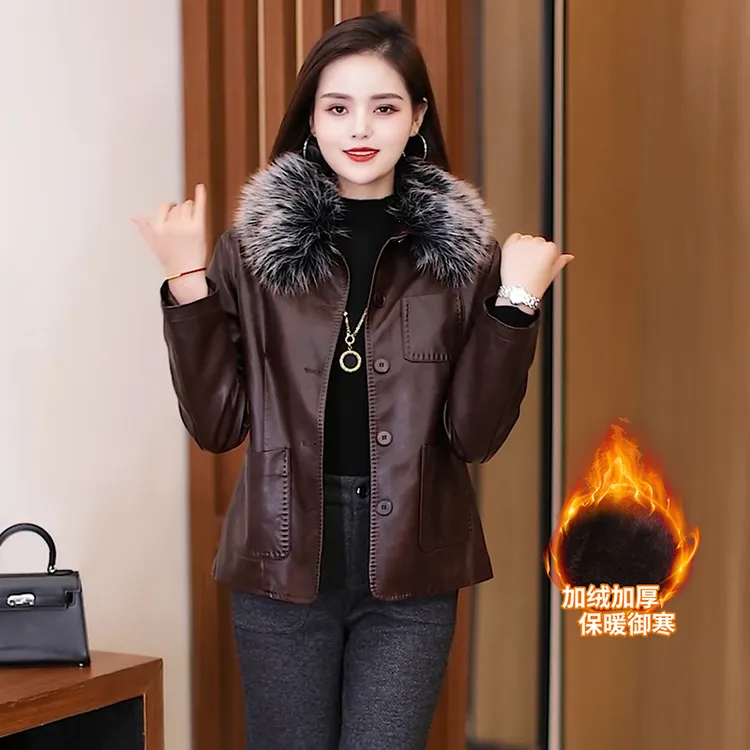 时尚女士短款加绒加厚皮衣外套2024保暖潮流气质秋冬季节百搭上衣