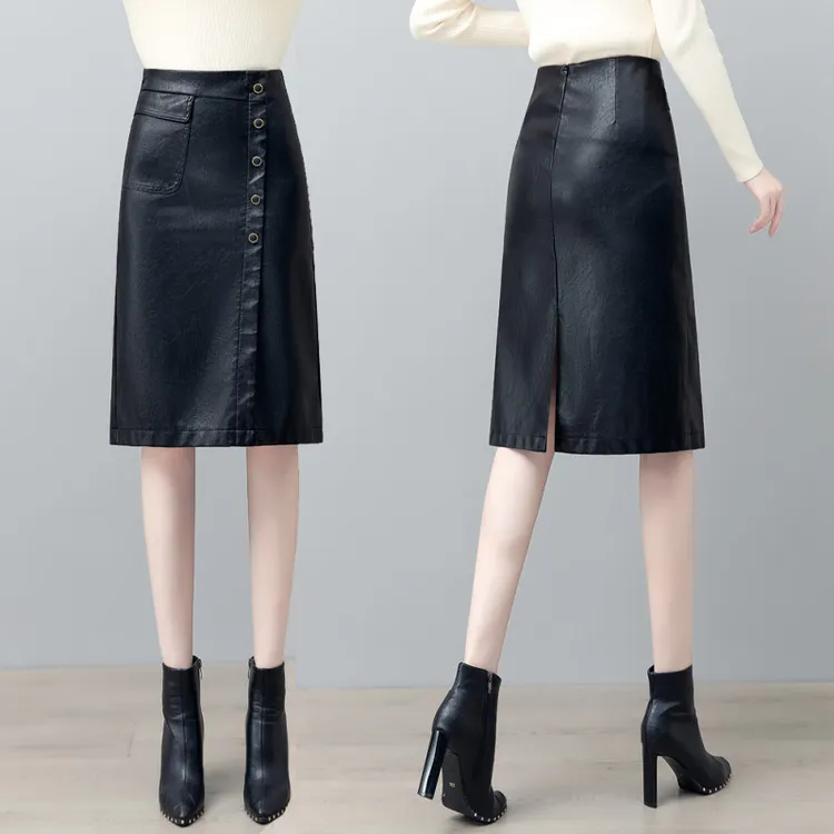 PU皮半身裙女2024年春秋季新款高腰显瘦开叉一步裙拉链中长款皮裙