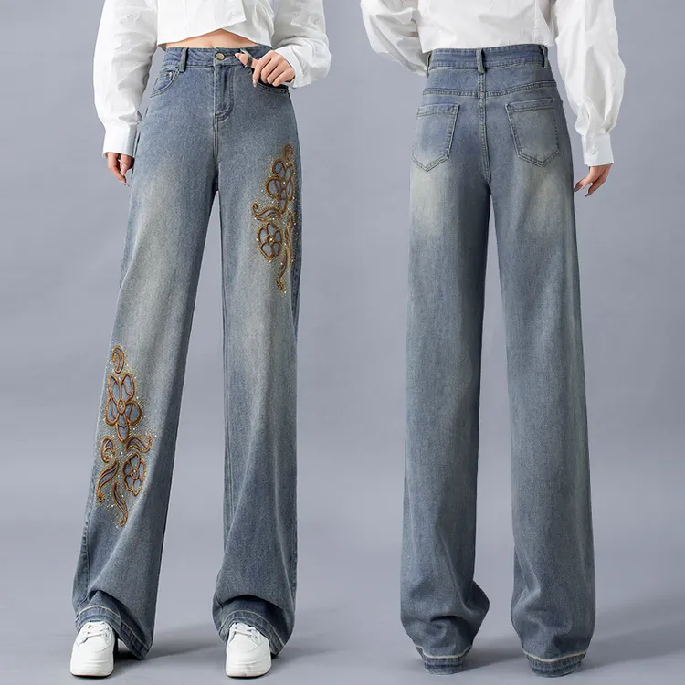 新中式国风牛仔裤女秋季2024新款爆款宽松显瘦直筒裤刺绣阔腿裤潮
