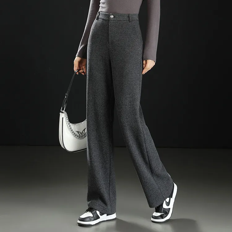 正品新款羊毛休闲裤女2025秋冬加厚直筒裤小个子窄版毛呢阔腿裤子