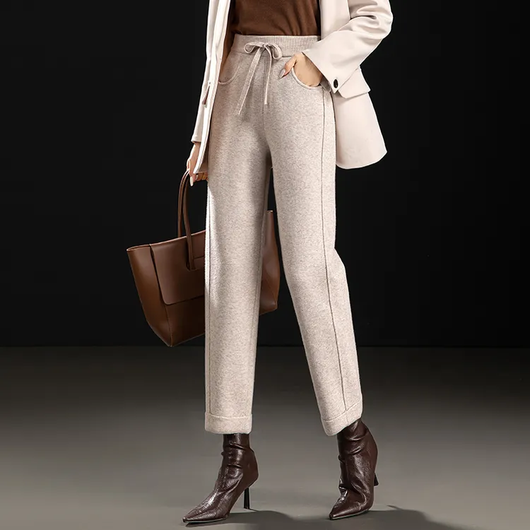 正品高端秋冬新款羊毛裤女小脚高腰加厚外穿时尚休闲九分哈伦裤子
