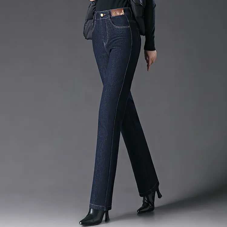 正品高端直筒弹力牛仔裤女加绒加厚保暖秋冬时尚高腰显瘦长裤子