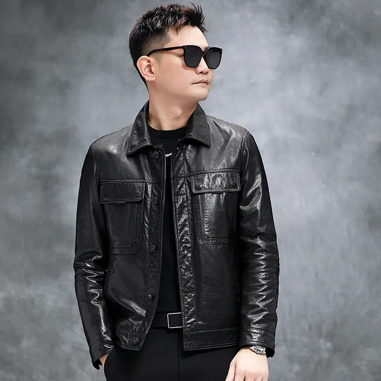 【2259单】海宁春秋新款真皮皮衣油蜡头层小牛皮皮夹克男士外套