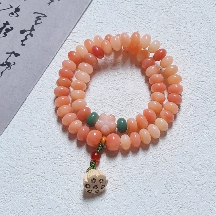 手作胭脂粉莲蓬菩提双圈手串手持女生款文玩盘玩念珠