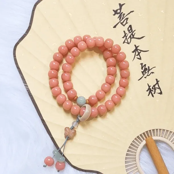 蜜桃粉菩提双圈手串手持小蝴蝶设计款正品菩提子9x10mm（送盘玩袋）