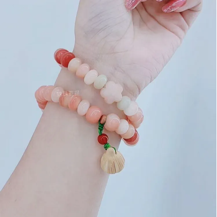 胭脂粉菩提双圈手串算盘珠精致小桃花并蒂莲心莲蓬文玩手作菩提子