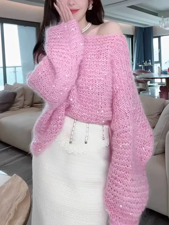 韩版时尚百搭宽松显瘦套头针织衫女早秋慵懒风亮片镂空外穿毛衣