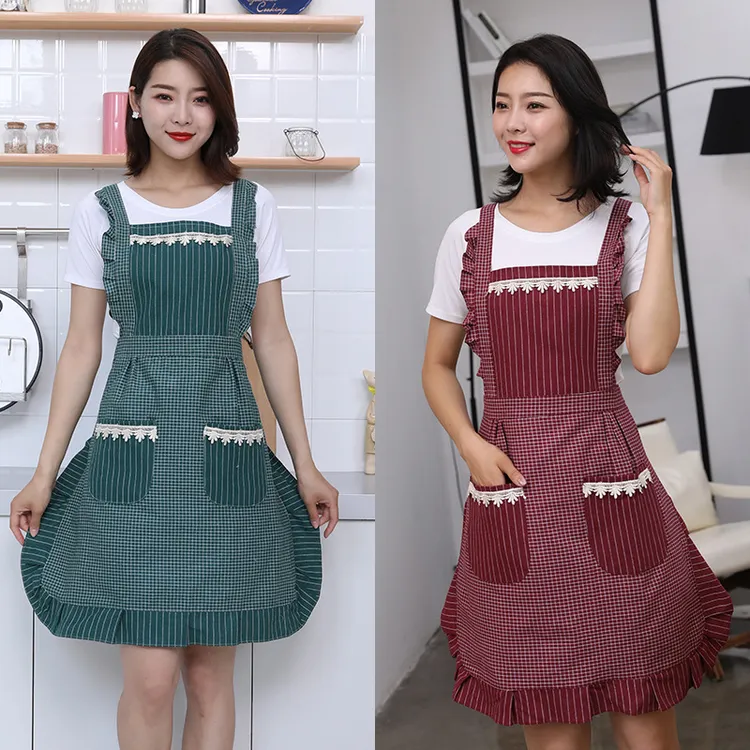 双层全棉公主围裙时尚漂亮花边纯棉双肩带可爱围兜女士波浪边围腰