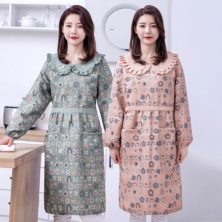 韩版女时尚加长加肥罩衣厨房家用加厚棉布长袖围裙可爱带袖工作服