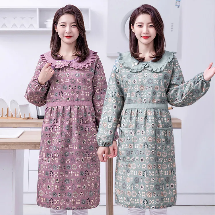 韩版女时尚加长加肥罩衣厨房家用加厚棉布长袖围裙可爱带袖工作服