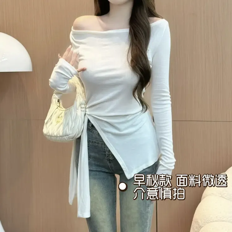 【发货超快】早秋长袖不规则开叉绑带收腰显瘦修身纯色打底百搭上衣
