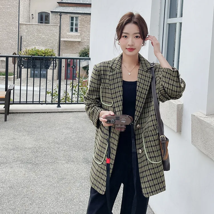 美式复古格子西装外套女春秋款小个子休闲洋气高级感炸街百搭西服