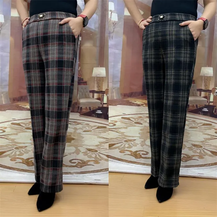 2024年毛呢格子阔腿裤女冬季新款高腰宽松弹力垂感直筒休闲裤