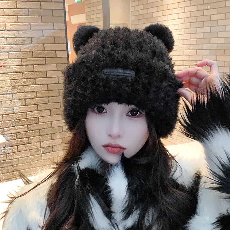 可爱小熊时尚帽子女秋冬季2023年新款保暖毛茸茸大头围毛线针织帽