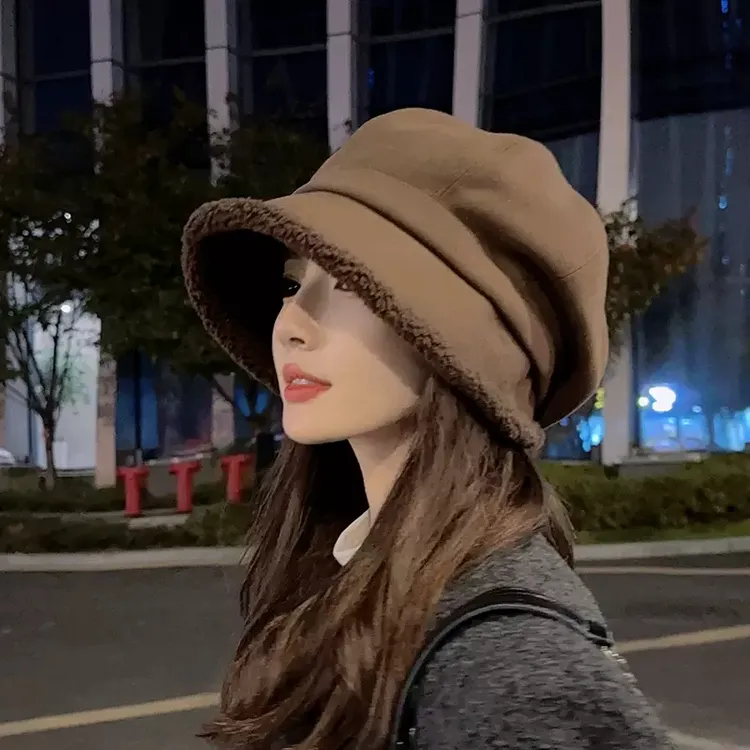 显脸小大头围帽子女冬日系堆堆帽加绒八角帽三合一百搭毛绒渔夫帽