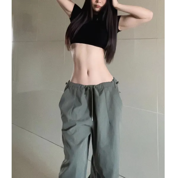 抽绳休闲裤女裤春季工装裤宽松高腰长裤垂感直筒阔腿裤时尚拖地裤