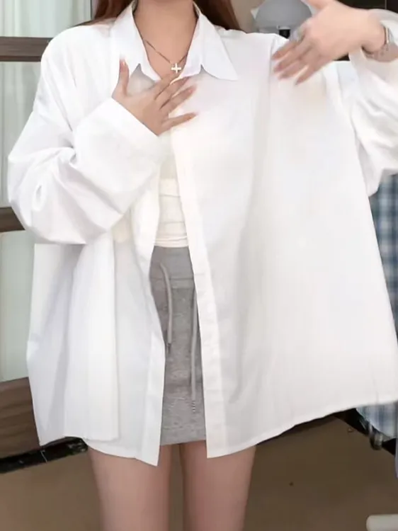 白色时尚polo领衬衫女春慵懒休闲长袖上衣宽松中长款防晒外套衬衣