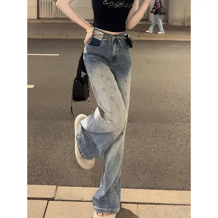 美式阔腿牛仔裤女设计感烫钻渐变高腰直筒宽松长裤水洗拖地裤女潮
