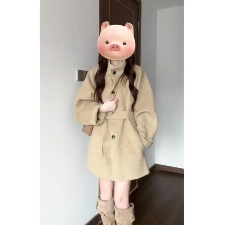 赫本风呢子大衣女秋冬新款韩版气质时尚高级感立领绑绳毛呢外套女