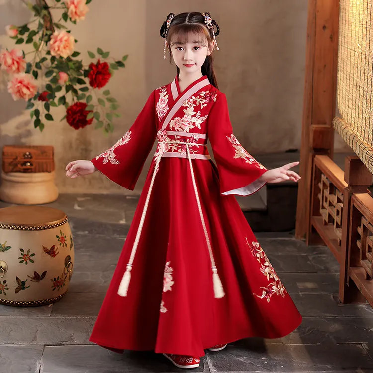 女童汉服2023新款儿童古装中国风唐装襦裙秋装超仙交领连衣裙红色