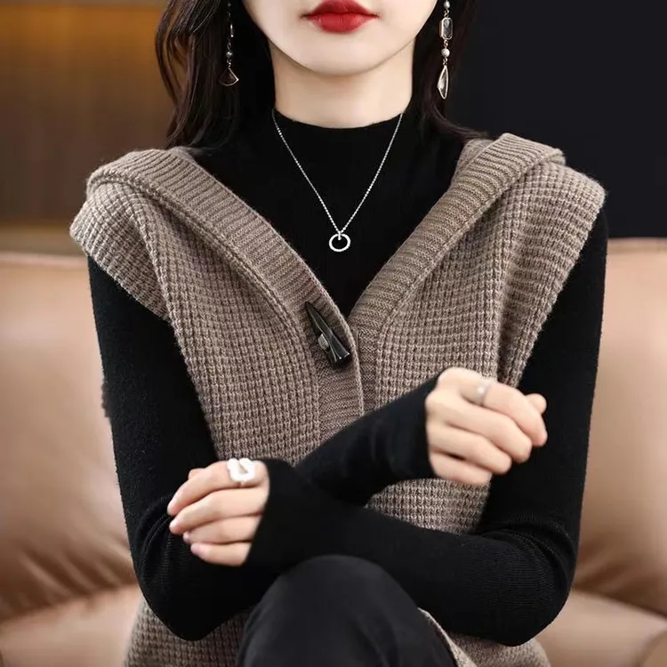 清仓捡漏~专柜撤回外贸女装中长款连帽针织马甲女秋洋气开衫外套