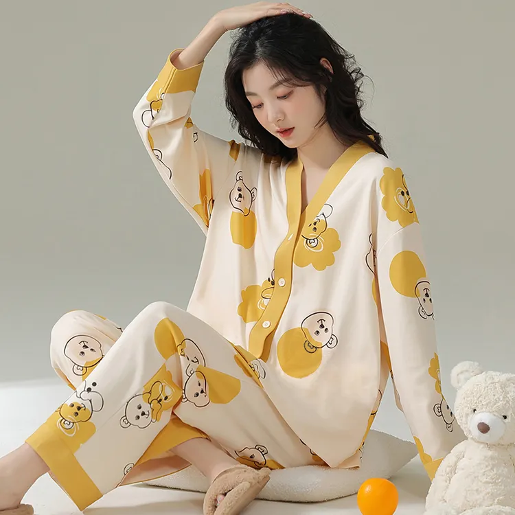 新款女睡衣长袖春秋季清新薄款大码宽松女士甜美宽松家居服套装TY