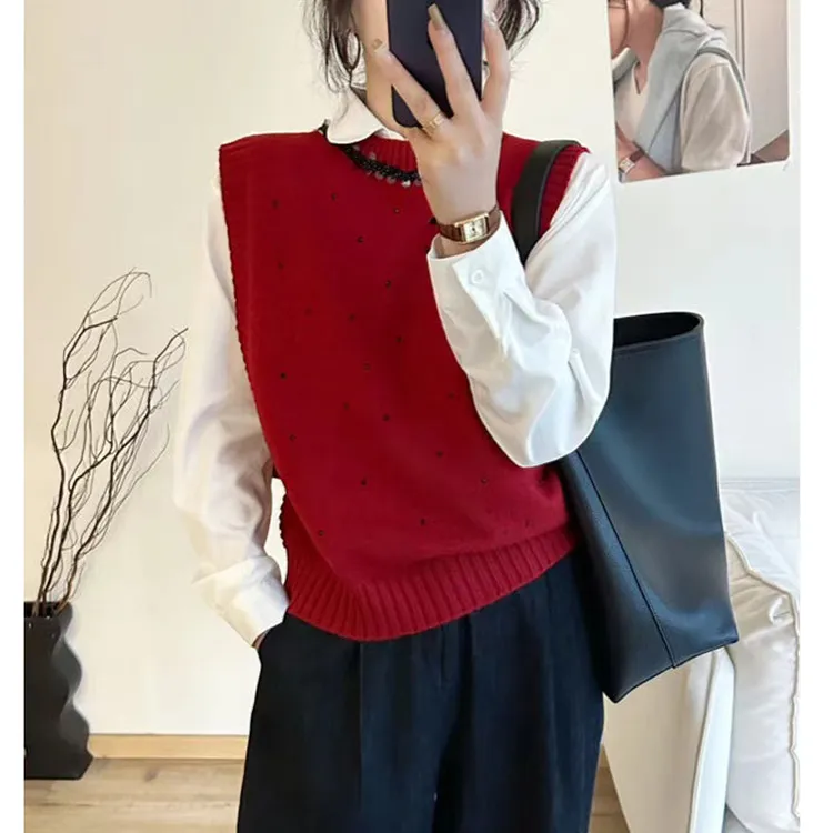 【衣朵设计】烫钻圆领针织马甲背心女2025春秋新款宽松外穿马夹