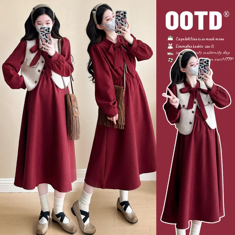 红色连衣裙马甲孕妇套装女秋2024新款气质小香风收腰衬衫裙两件套