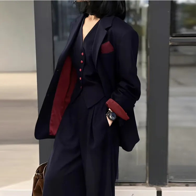 高定西装套装春秋女设计感宽松西装马甲阔腿裤通勤时尚三件套外套