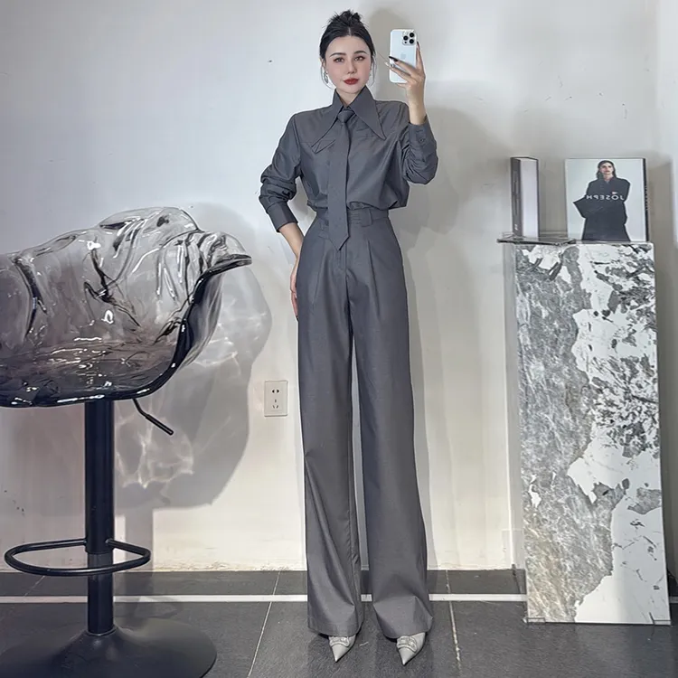 小众设计感时尚套装高洋气减龄灰色衬衫领带阔腿裤三件套2025春秋