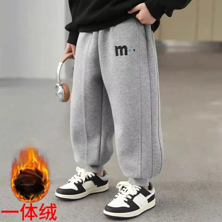 冬季男童加绒/不加绒裤子2025儿童洋气运动裤一体绒束脚刺绣保暖