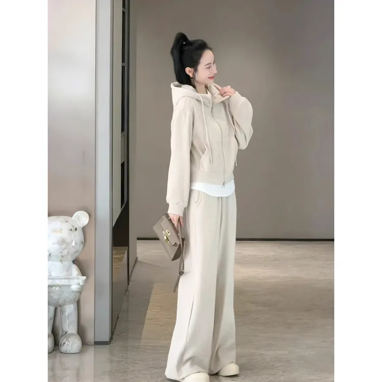 直筒休闲裤流行秋季运动套装春秋拉链开衫连帽减龄卫衣套装慵懒风