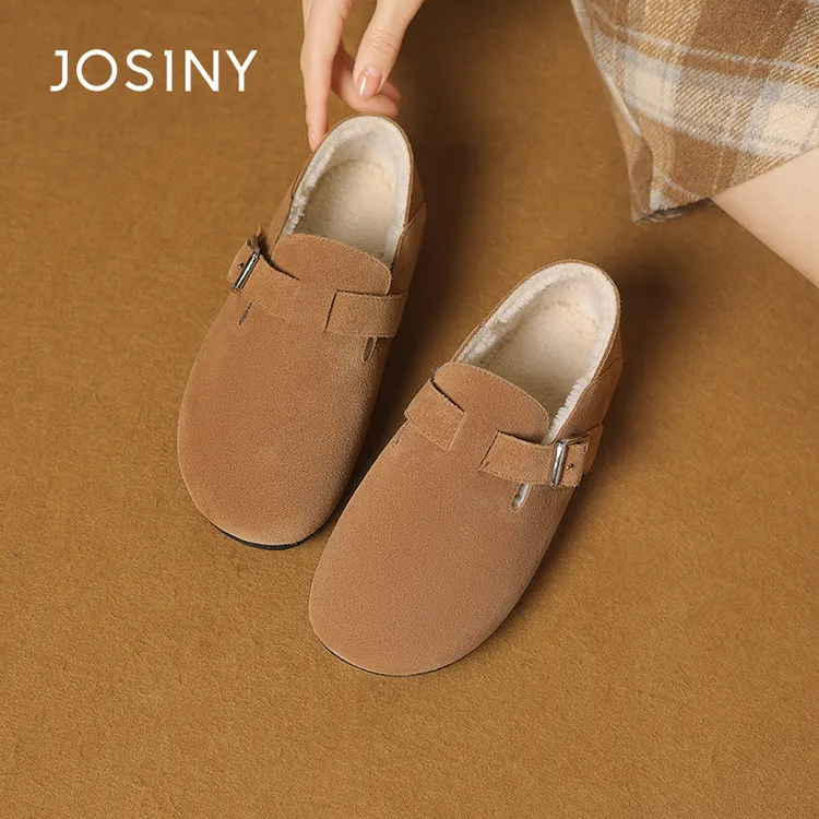 卓诗尼加绒勃肯鞋女2024冬季新款磨砂皮乐福鞋一脚蹬保暖毛毛女鞋