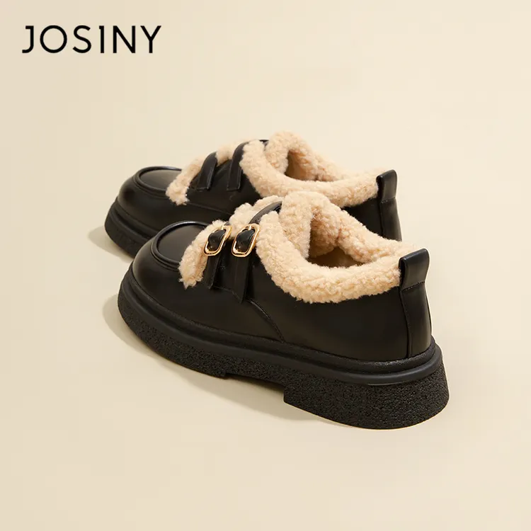 卓诗尼加绒加厚小皮鞋女2025春季新款厚底乐福鞋平底毛毛棉鞋女鞋