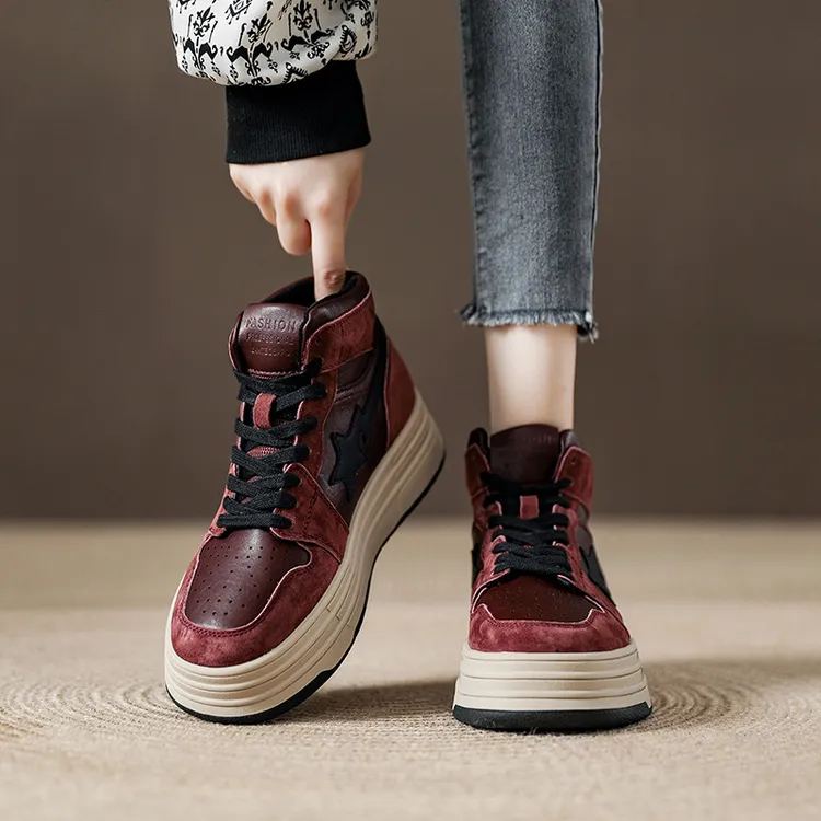 厚度增高星星板鞋女红色高帮鞋2024秋季新款百搭运动休闲鞋259-86