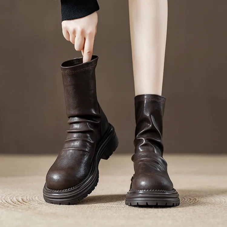 马丁靴女2024秋冬新款时尚堆堆靴褶皱百搭厚底显脚小短靴H2055-1