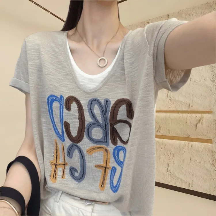 气质字母印花t恤上衣女2025夏季休闲大码短袖圆领宽松假两件上衣