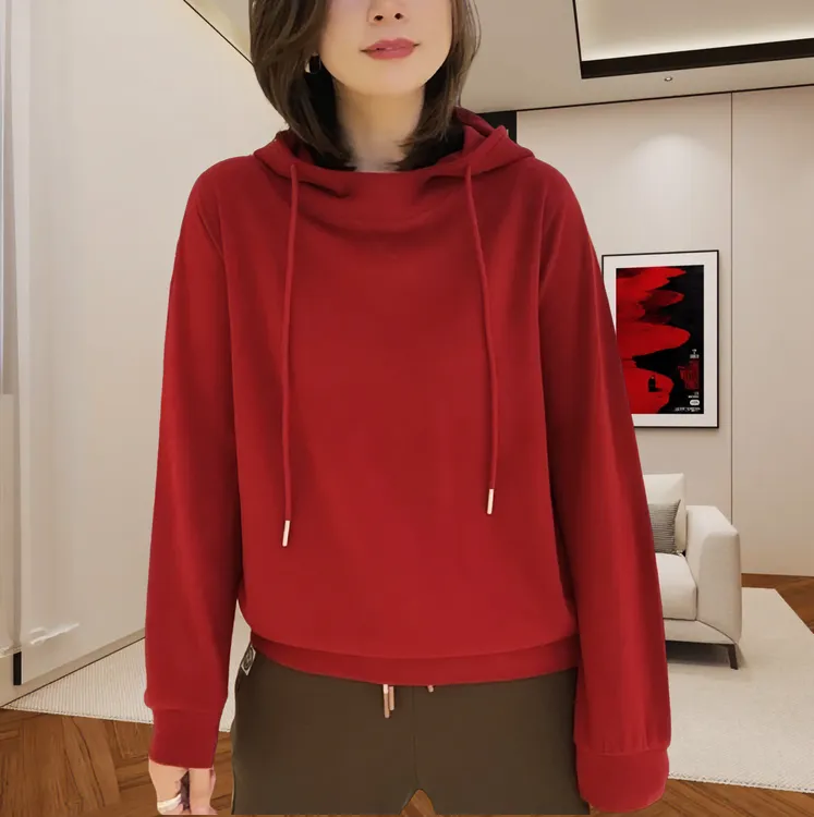 秋季高档连帽纯色德绒长袖上衣韩版气质宽松轻奢感显瘦洋气卫衣女