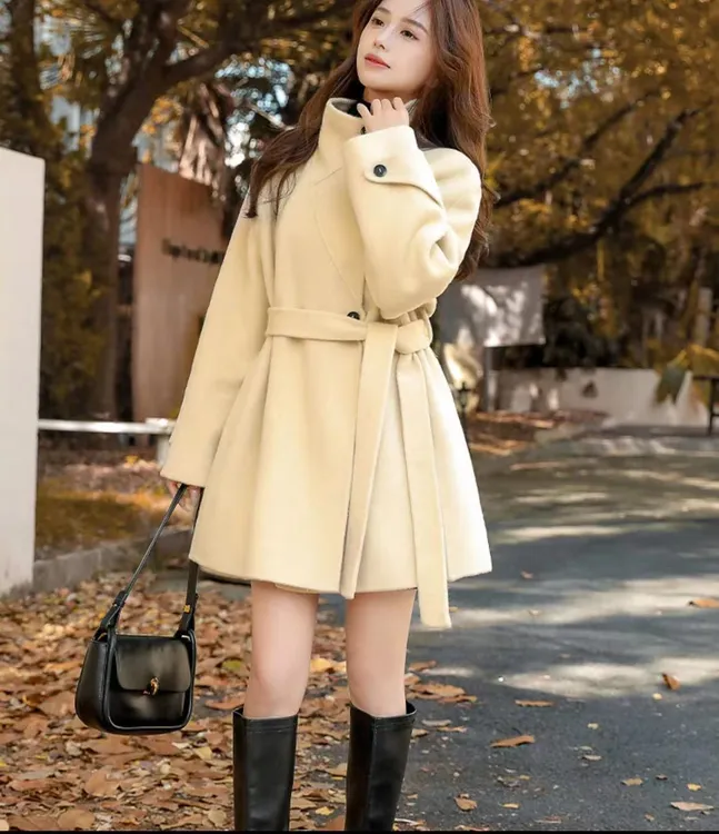 美林专属【98023】秋冬新款双面羊毛大衣系带韩版通勤毛呢外套